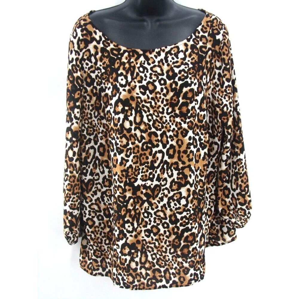 Talbots Women's Animal Print Balloon Sleeve Blouse Sz‎ XL Brown Cream Black